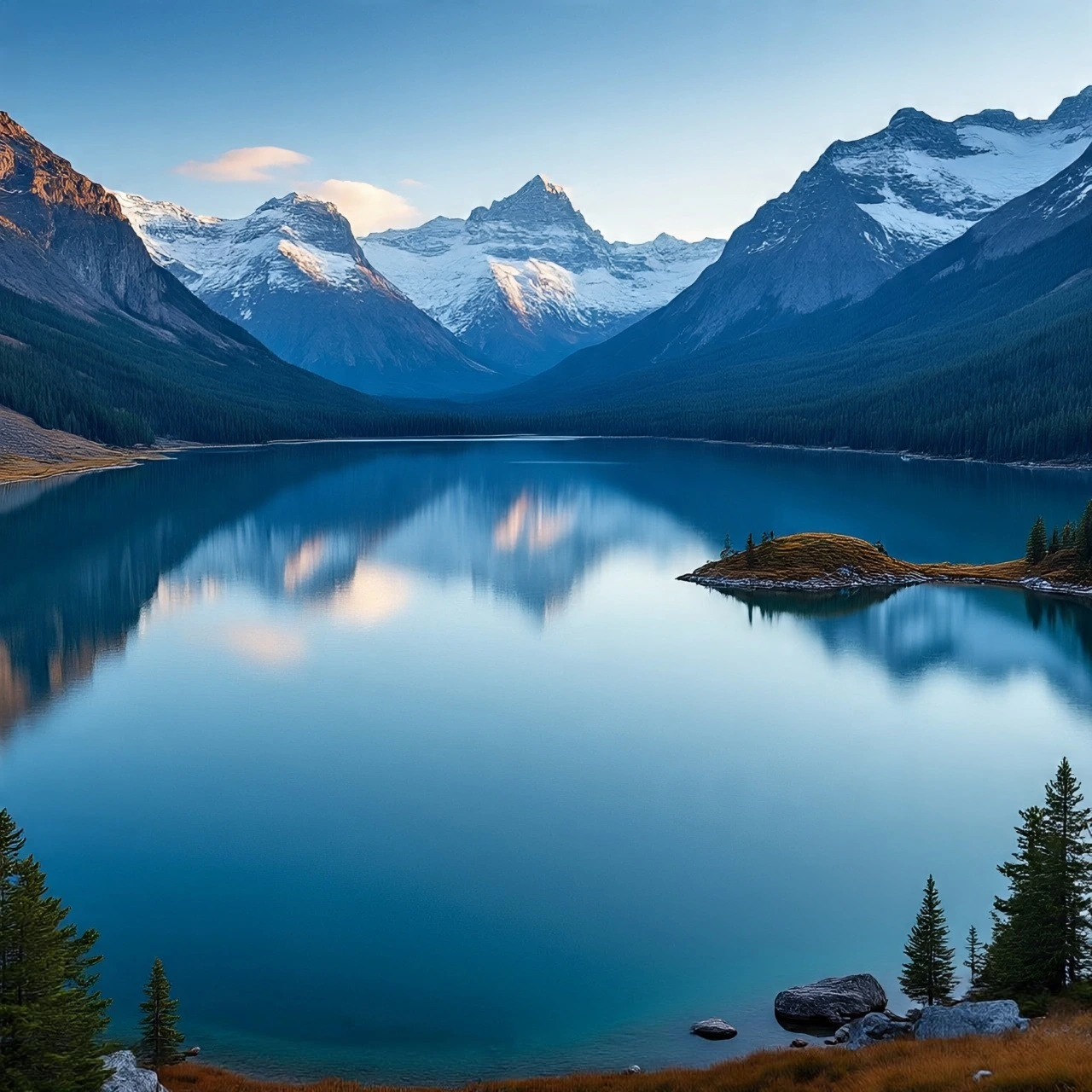 Serene mountain lake reflecting snow-capped peaks, a breathtaking nature wallpaper.