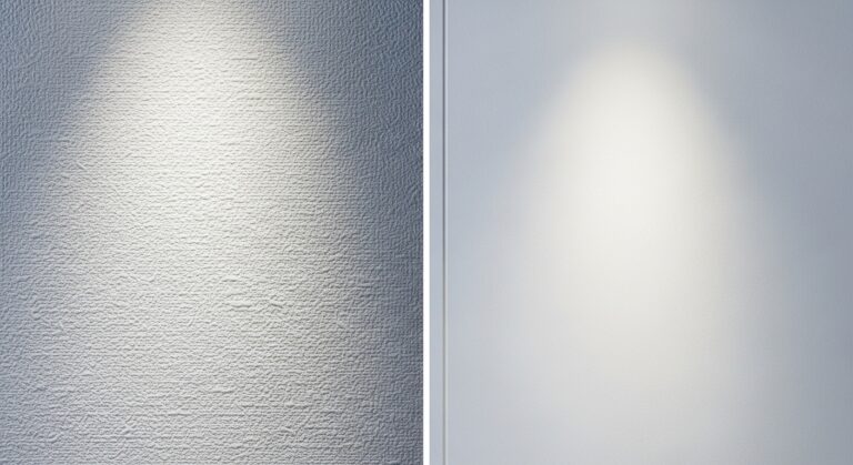 Split image comparing elegant textured white wallpaper with subtle shadows on the left, and sleek smooth matte white wallpaper on the right, highlighting their distinct finishes.