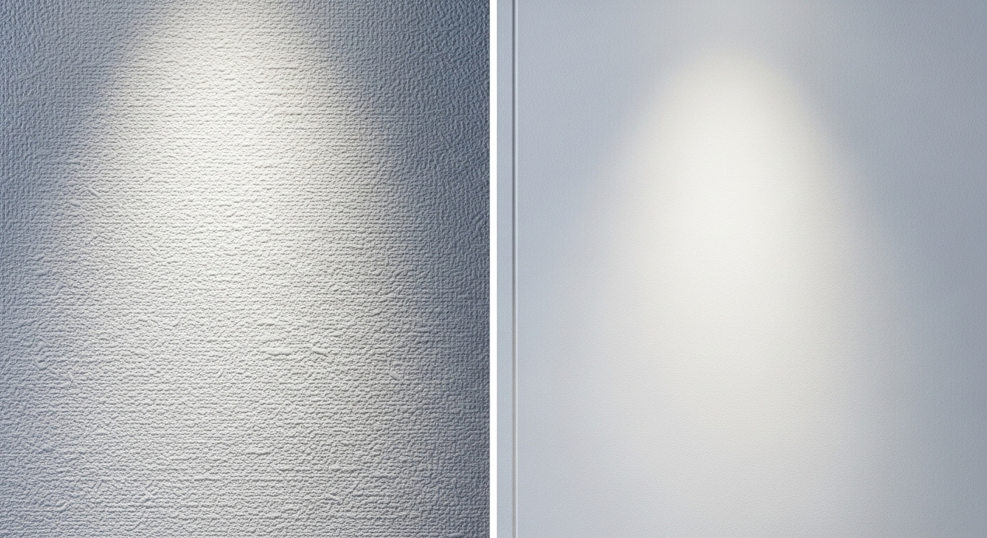 Split image comparing elegant textured white wallpaper with subtle shadows on the left, and sleek smooth matte white wallpaper on the right, highlighting their distinct finishes.