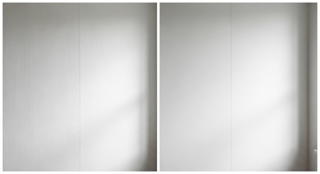 Side-by-side comparison of a wall with textured white wallpaper on one side and smooth white wallpaper on the other, showcasing how natural light interacts with each finish.