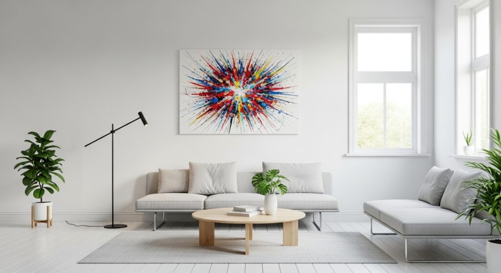 Minimalist living room with smooth white wallpaper serving as a bright, clean backdrop for a vibrant piece of abstract art and modern furniture, emphasizing spaciousness.