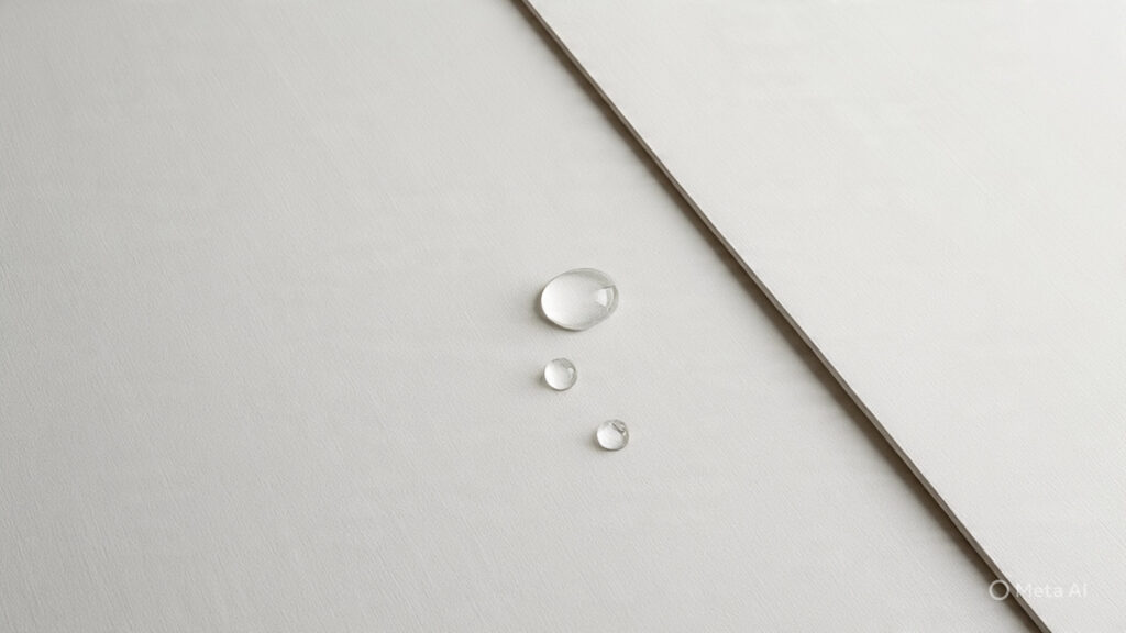 A close-up shot of white, textured vinyl wallpaper. The image shows the wallpaper's linen-like pattern and a small water droplet beading on the surface, highlighting its moisture-resistant qualities.