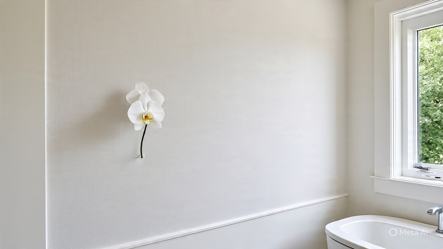 A beautiful, brightly lit modern bathroom with a wall covered in textured white wallpaper. A simple vase with a white orchid sits on a counter, adding a touch of nature to the sophisticated interior.
