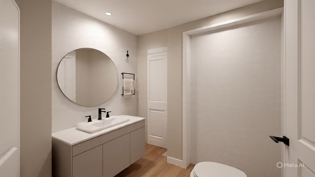 A stylish and clean bathroom featuring an accent wall covered in elegant white wallpaper with a subtle pattern. The photo shows the wallpaper complementing the modern, minimal decor of the room.