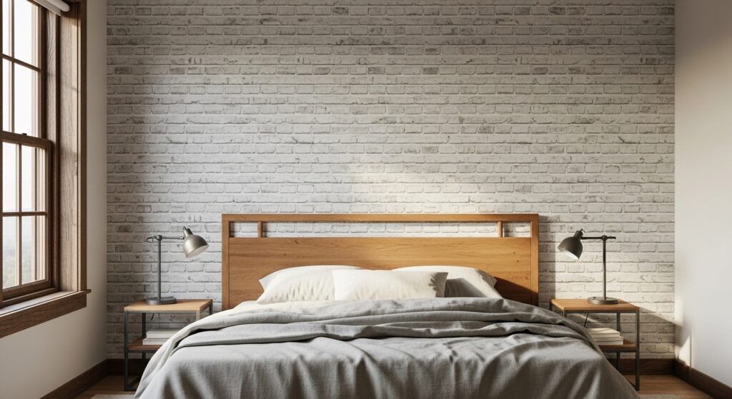A rustic-modern bedroom accent wall behind a headboard, covered in a realistic white-washed faux-brick wallpaper