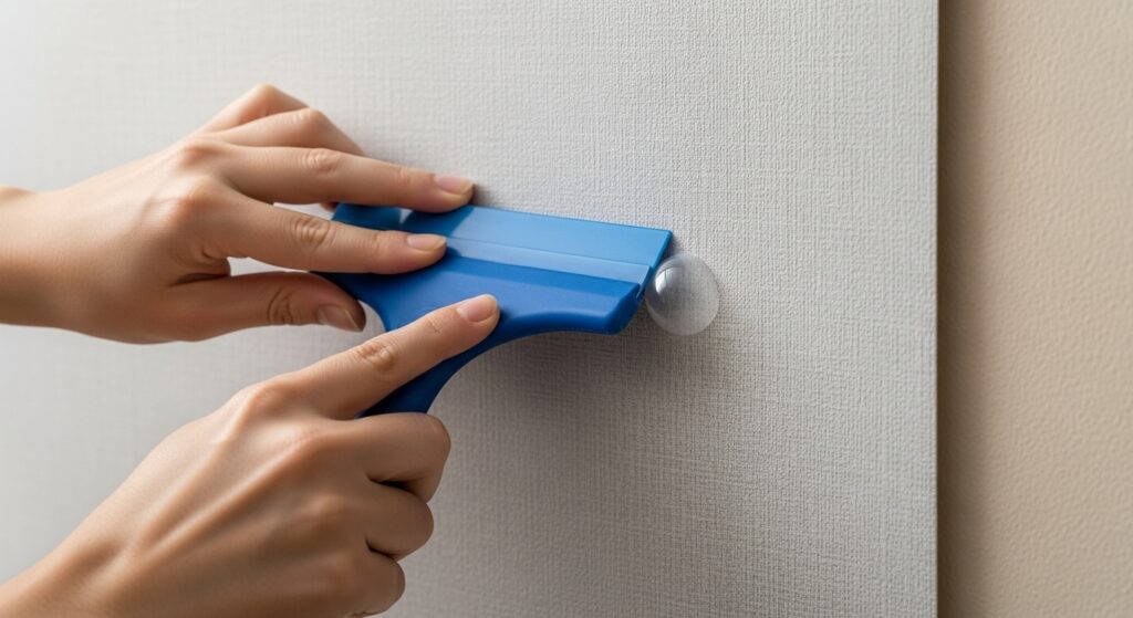 A person using a plastic smoother tool to carefully press out air bubbles while applying white peel and stick wallpaper to a wall.
