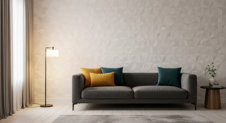 A modern living room featuring a stunning white wallpaper accent wall with a subtle 3D geometric pattern behind a dark grey sofa