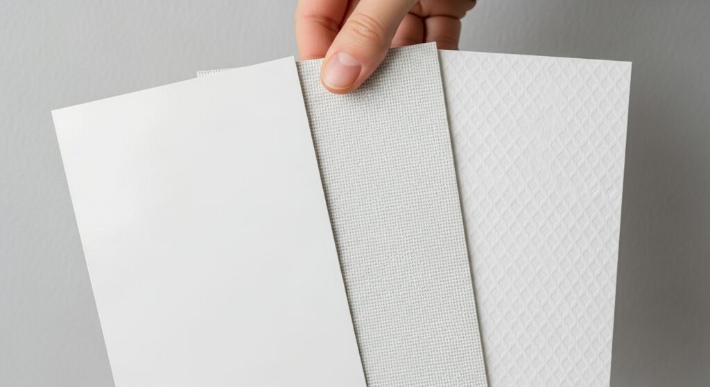 A close-up of a hand holding three different white peel and stick wallpaper samples, showing matte, linen, and geometric textures.