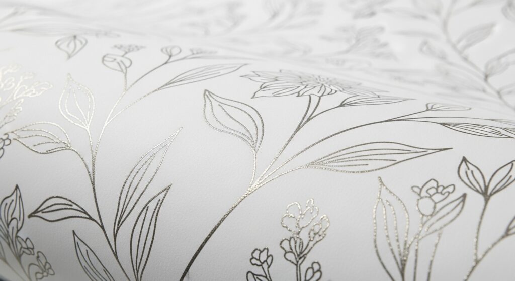 A close-up view of a chic white wallpaper with a delicate, silver line-art botanical pattern, adding subtle texture to a wall.