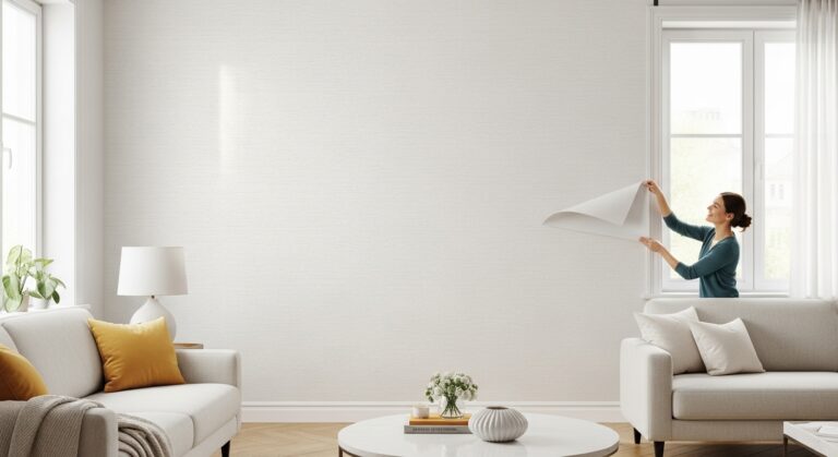 A smiling renter applies the final piece of textured white peel and stick wallpaper to an accent wall in a bright, modern apartment.