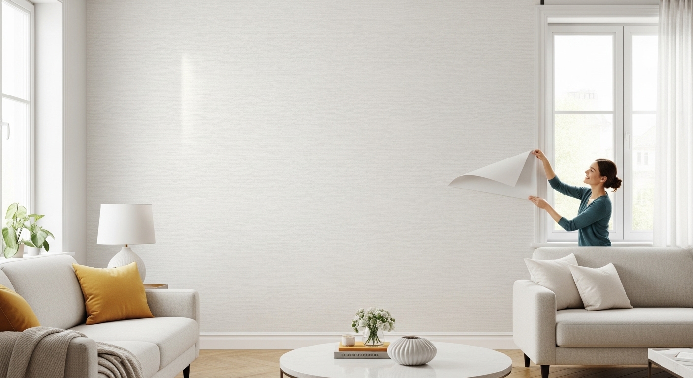 A smiling renter applies the final piece of textured white peel and stick wallpaper to an accent wall in a bright, modern apartment.